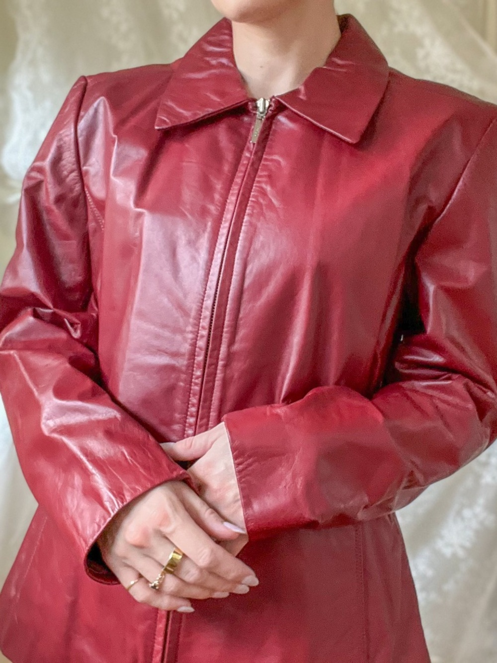 Y2K Style Cherry Red Genuine Leather Zip Jacket
